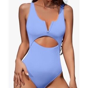 Purple BlueSwimsuit Womens Small Periwinkle 1 Piece v Neck High Cut Sexy Cut Out